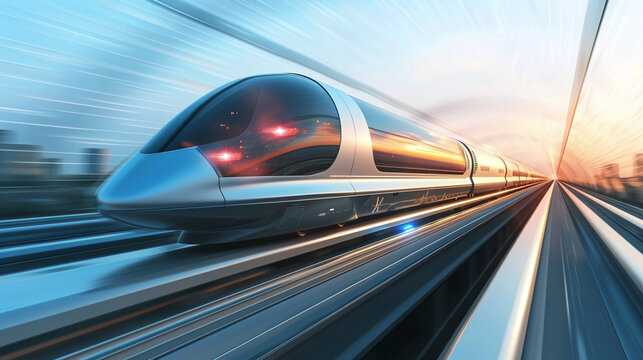 The future technology of high-speed transport. Futuristic bullet train or hyperloop ultrasonic train capsule. The tunnel is located in an urban environment.