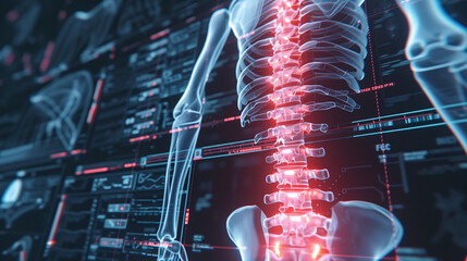 Futuristic biomedical concept of a holographic scanning a patient's backbone for spinal disc herniation diagnosis : 3d illustration, 3d rendering with copy space - obrazy, fototapety, plakaty