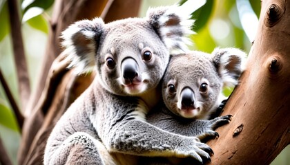 A captivating portrait of a koala mother with her joey, clinging to a tree branch in their natural habitat.. AI Generation - obrazy, fototapety, plakaty