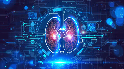 Obraz premium Cybernetic Kidney Visualization, perfect for medical presentations and futuristic health concepts. Copy space for text or logo, banner
