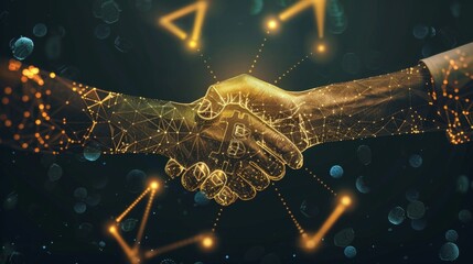 Partnership and business deal. Abstract digital handshake, golden dollar coin, and growth arrows up on technology dark background. Two partners and money. 3D polygonal wireframe