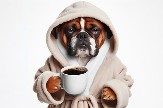 grumpy dog in bathrobe holding cup of coffee on a white background