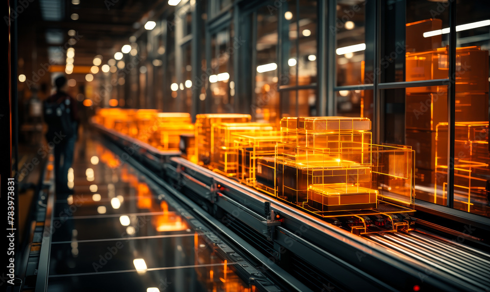 Poster futuristic automated conveyor belt system in logistics center with augmented reality for efficient p