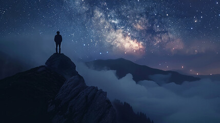 Man on mountain crest silhouette, starry night sky, dramatic lighting, wide angle - obrazy, fototapety, plakaty