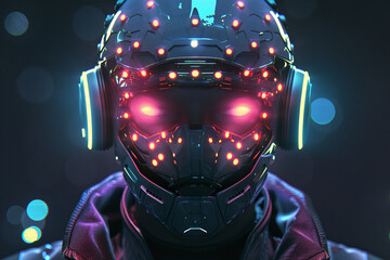 Fantasy illustration of headshot of cyborg character of glowing neon colors dots in virtual reality headset on dark background