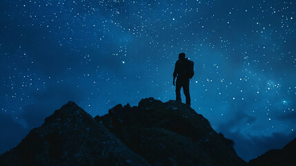 Man on mountain crest silhouette, starry night sky, dramatic lighting, wide angle