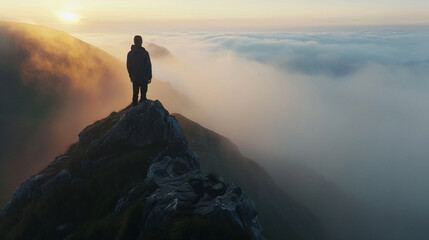 Mountain top with mans silhouette, early morning mist, serene, telephoto perspective - obrazy, fototapety, plakaty