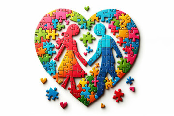 Colorful jigsaw puzzle pieces coming together to form couple love on a white background