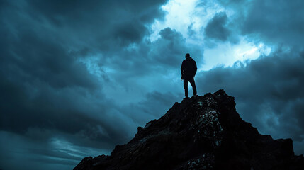 Silhouette of a man on rocky mountain top, stormy sky, dramatic effect, wide lens