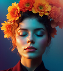 Closeup portrait of a beautiful young woman with closed eyes and flowers in her hair.