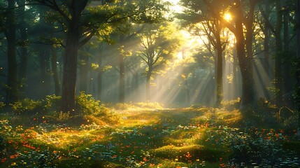 Wander through a sun-dappled forest glade, where shafts of golden light filter through the leafy...