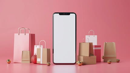 Online shopping concept, home or office delivery. Mobile phone or smartphone with shopping cart and all present objects on pink background for advertising design. Copy space for text or logo or add