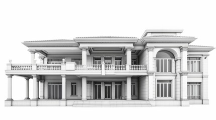 Fototapeta premium Architectural rendering of a contemporary apartment building with balconies and trees in a monochromatic scheme.