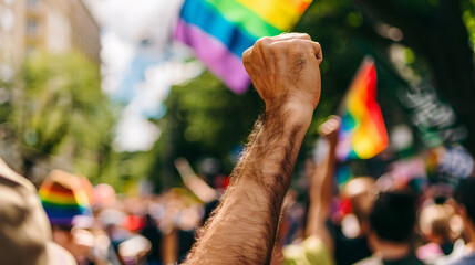 man protests with raised fist on gay pride day
