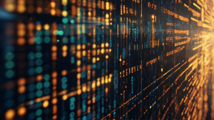 Digital blue interface with pixelated data stream, binary code, and encryption concept with glowing dots