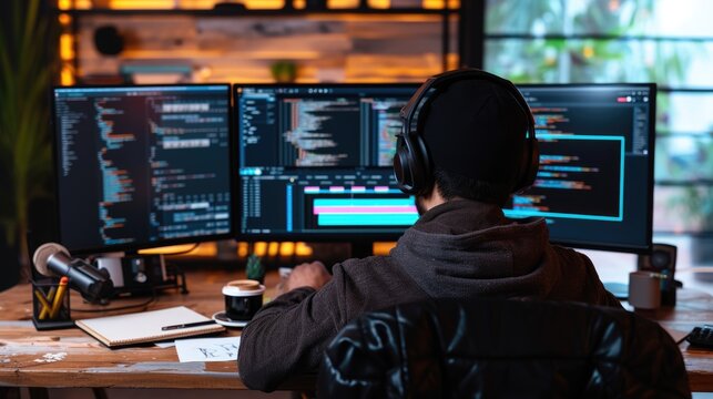 A focused software developer codes on a dual monitor setup in a modern office environment with a minimalist aesthetic. AIG41