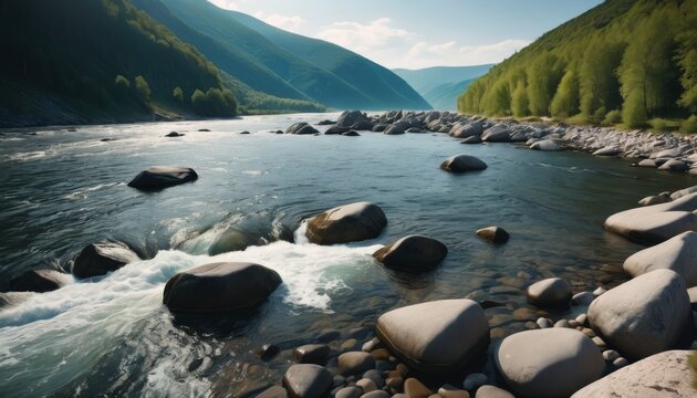 A tranquil river flows through a mountain valley, with smooth rocks and fresh greenery embracing its banks. AI Generation