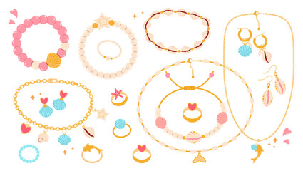 Set of Golden trendy Jewelry with Shells. Summer jewelry. Kids jewelry set. Cartoon drawing of jewelry for children isolated on white. Fashion, jewelry concept