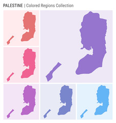 Palestine map collection. Country shape with colored regions. Deep Purple, Red, Pink, Purple, Indigo, Blue color palettes. Border of Palestine with provinces for your infographic. Vector illustration.