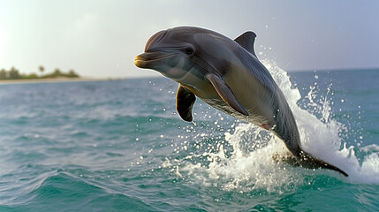 Jumping Dolphin in Blue Ocean Water