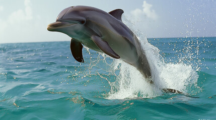 Naklejka premium Jumping Dolphin in Blue Ocean Water