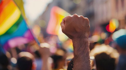 man protests with raised fist on gay pride day