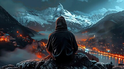 A man in a dark gray hoodie sits on a rock and looks at the mountain ahead and the burning lights of the city far below, pretentious, inspiring, beautiful - obrazy, fototapety, plakaty