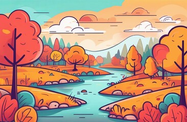 Vibrant autumn scenery illustration with rolling hills, a flowing river