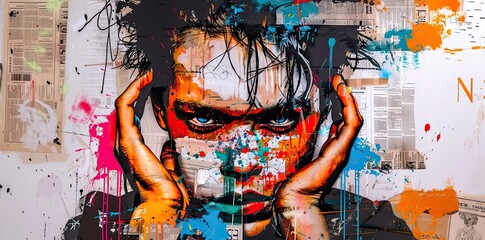 A young man with hands and eyes wide open, symbolic graffiti for seeing the truth, awareness and awakening, collage of multicolored grunge newspapers, urban graphic artwork, street art, mixed media
