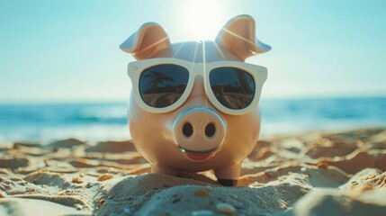 Fototapeta na wymiar A Piggybank Enjoys the Beach
