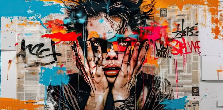 A young man with hands and eyes wide open, symbolic graffiti for seeing the truth, awareness and awakening, collage of multicolored grunge newspapers, urban graphic artwork, street art, mixed media