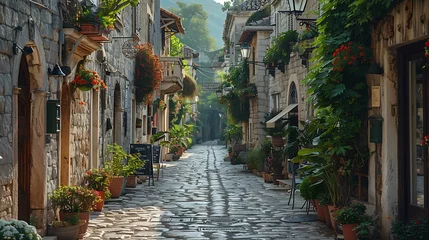 Rollo Wander through the narrow streets of a medieval town, where ancient stone buildings lean precariously over cobblestone lanes and the air is filled with the scent of woodsmoke and roasting meat © MuhammadAbdullah