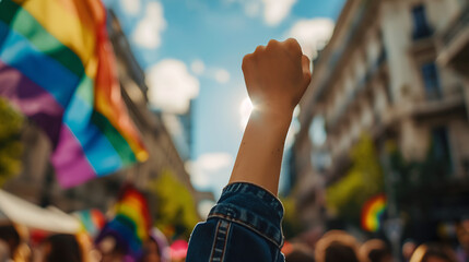 woman protests with raised fist on gay pride day