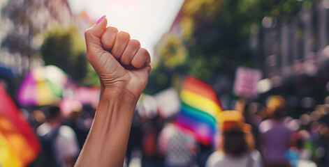 woman protests with raised fist on gay pride day