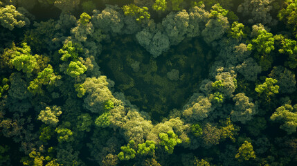 Aerial Heart-Shaped Forest Canopy, Symbol of Environmental Love, with copy space