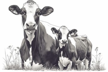 Two cows look at the camera in a simple drawing style with a white background