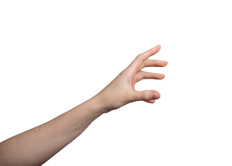 Hand, fingers stretching out, reaching to something, isolated on white background, transparent png