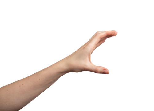 Hand holding something big, large with fingers, showing huge, isolated on white background, transparent png