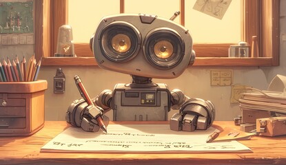 Photo of A robot writing on paper with pencils, looking at the camera. The background is a desk with an inkwell and pencil holder
