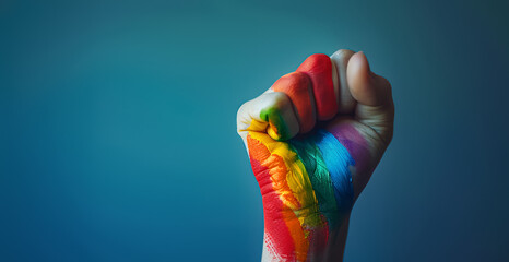 A woman protests with her fist raised on gay pride day with her hand marked with the colors of the LGBT flag