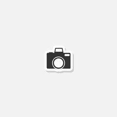Photo camera icon sticker isolated on gray background