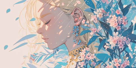 photo of spring goddess with pink and blue flowers, with a paper cut style background and copy space