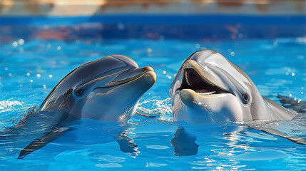 Two frogs and two dolphins in different environments with water, nature, animals, and vibrant colors