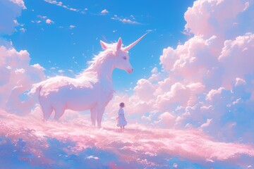 photo of white unicorn in pink fluffy clouds, pastel colors