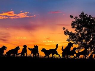 Fototapeta na wymiar Silhouette of dogs playing 