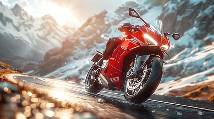 Zoom into the sleek lines of a powerful sports bike as it speeds along a winding mountain road, the...