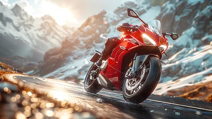 Outdoor kussens Zoom into the sleek lines of a powerful sports bike as it speeds along a winding mountain road, the sunlight glinting off its polished chrome  © MuhammadAbdullah