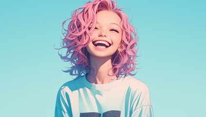 playful woman with pink hair laughing, wearing pastelcolored tshirt against white background. 