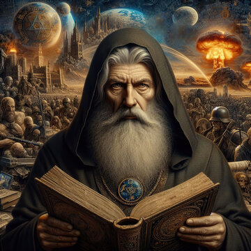 Nostradamus holding an ancient book. Visions of the past and the future of mankind on background