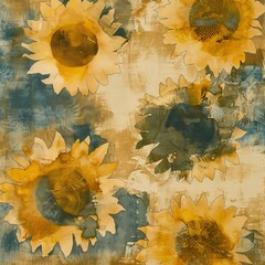 muslin style texture with aged distressed sunflowers - obrazy, fototapety, plakaty